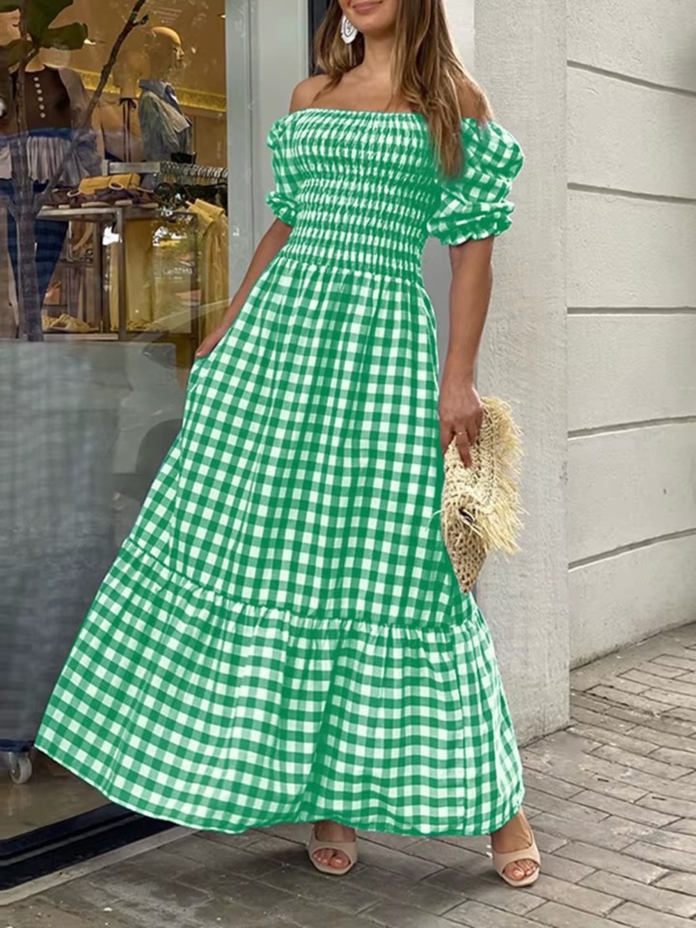 SHEIN Green & White Gingham Off-Shoulder Maxi Dress